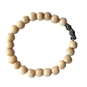 Beaded Bracelet Cream Colored with Silver Flowers Stretchy